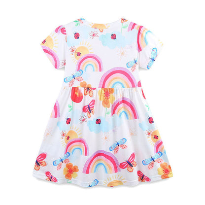MyKids-USA® Polyester Butterfly and Rainbow Pattern Short Sleeves Dress for Stylish Girls