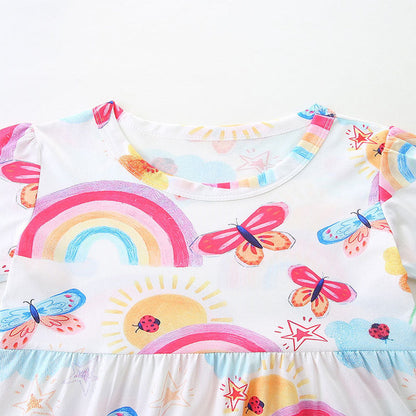 MyKids-USA® Polyester Butterfly and Rainbow Pattern Short Sleeves Dress for Stylish Girls