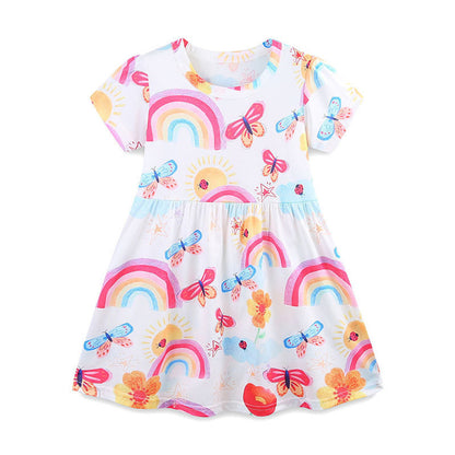 MyKids-USA® Polyester Butterfly and Rainbow Pattern Short Sleeves Dress for Stylish Girls