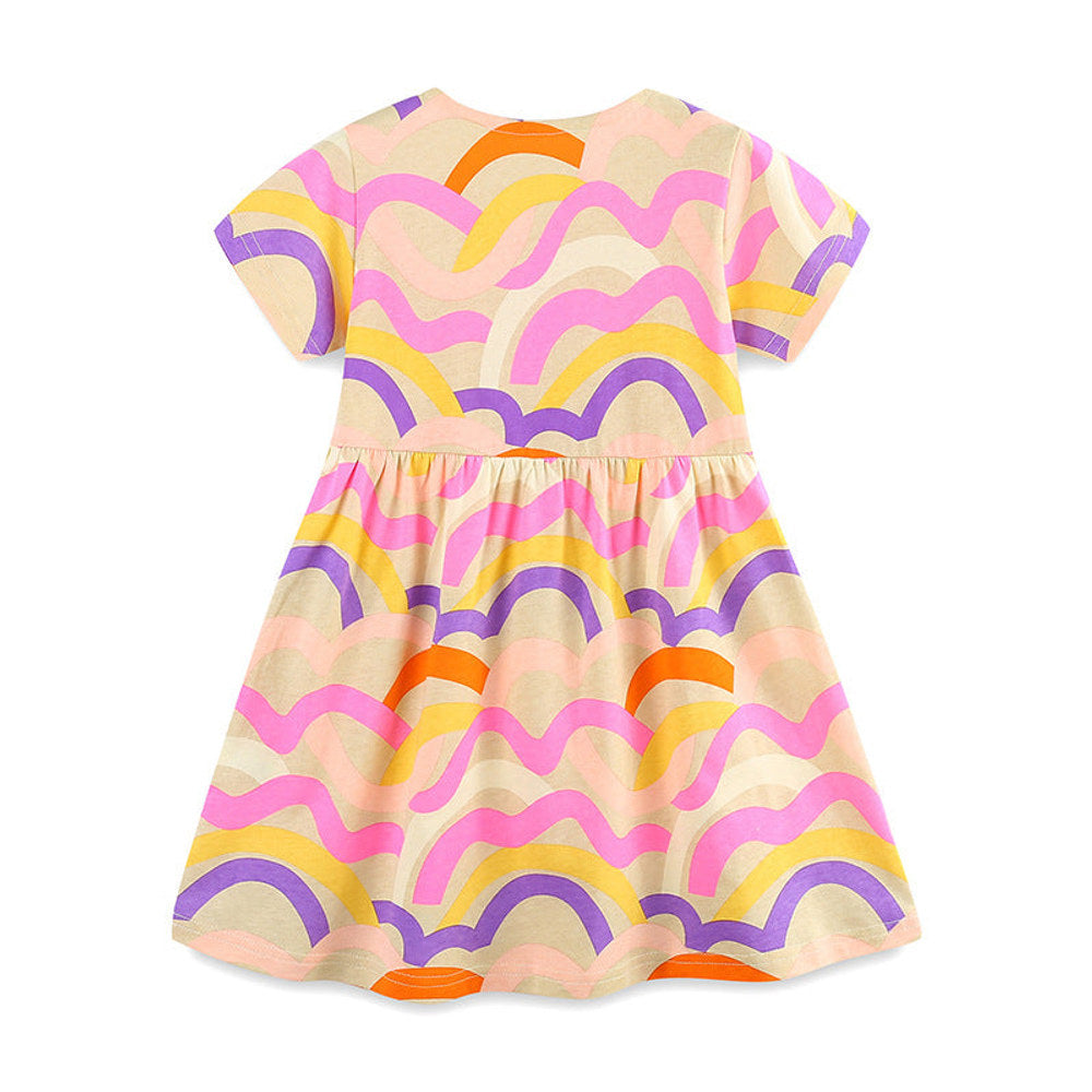 MyKids-USA® Pure Cotton Waves Pattern Short Sleeves Dress for Stylish Girls