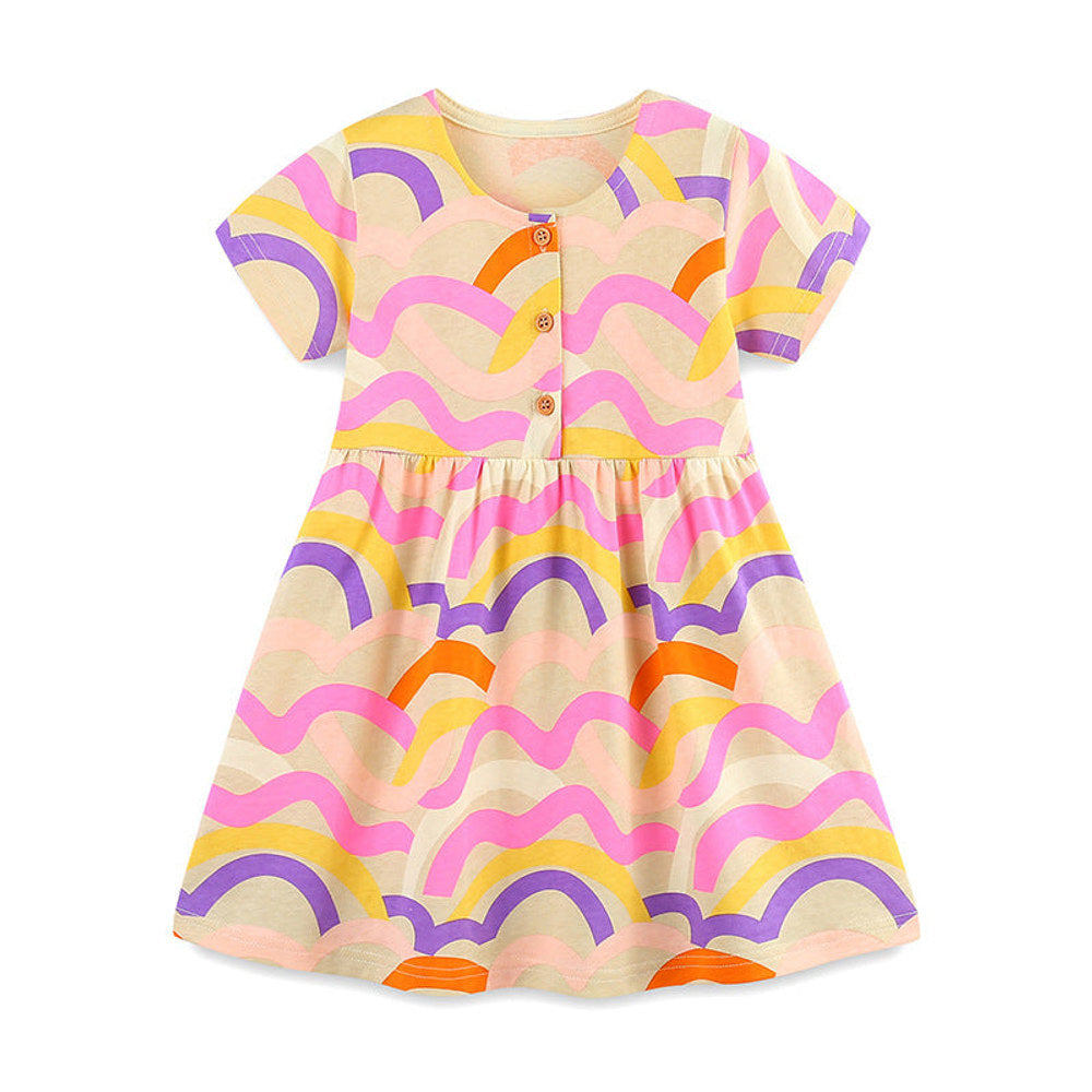 MyKids-USA® Pure Cotton Waves Pattern Short Sleeves Dress for Stylish Girls