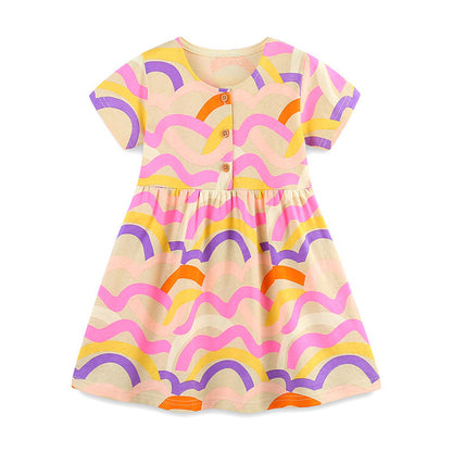 MyKids-USA® Pure Cotton Waves Pattern Short Sleeves Dress for Stylish Girls