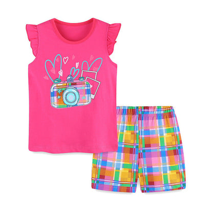 MyKids-USA® Baby Kids Cartoon Camera Pattern Vest and Plaid Shorts Clothing Set for Girls