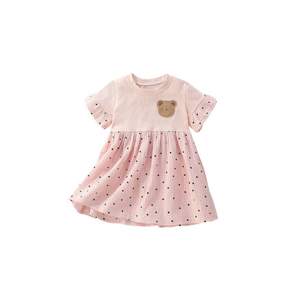 MyKids-USA® Teddy Bear and Dots Pattern Short Sleeves Dress for Stylish Girls