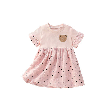 MyKids-USA® Teddy Bear and Dots Pattern Short Sleeves Dress for Stylish Girls