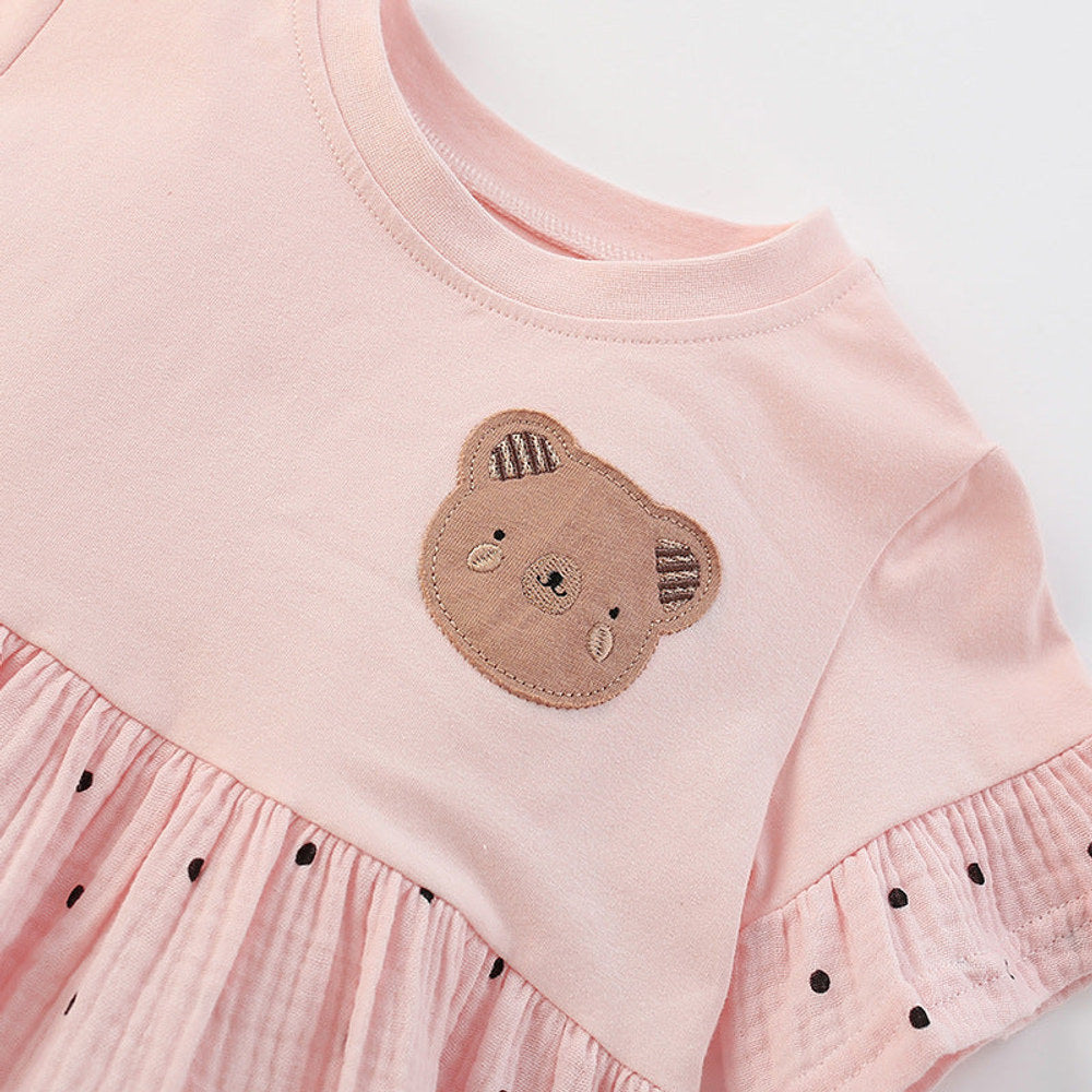 MyKids-USA® Teddy Bear and Dots Pattern Short Sleeves Dress for Stylish Girls