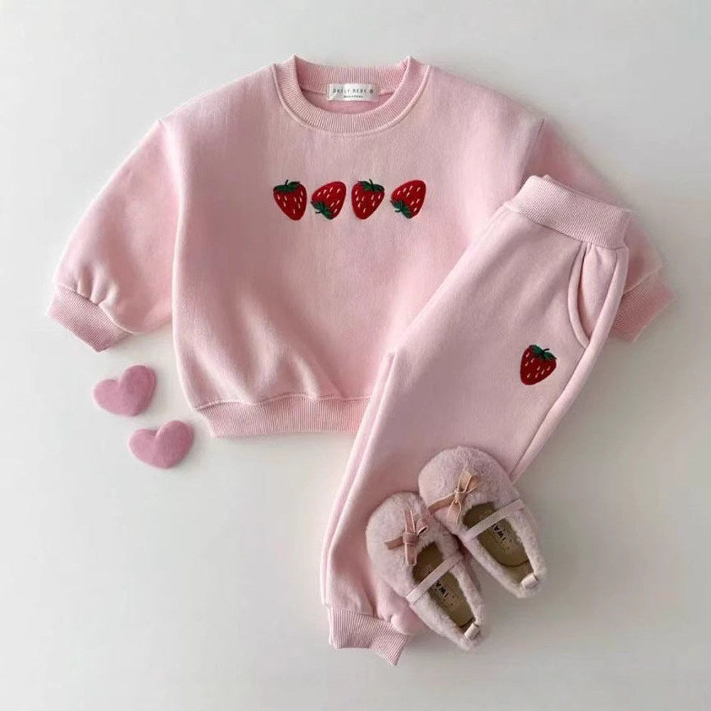 MyKids-USA® Baby Kids Unisex Casual Strawberry Embroidered Pattern Long Sleeves Top Pullover and Pants Clothing Set