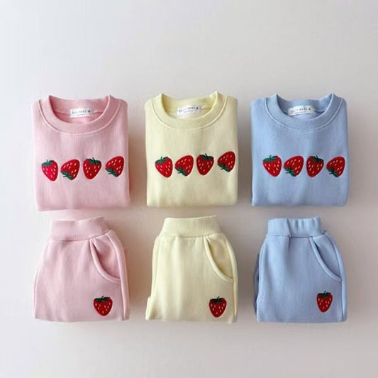 MyKids-USA® Baby Kids Unisex Casual Strawberry Embroidered Pattern Long Sleeves Top Pullover and Pants Clothing Set