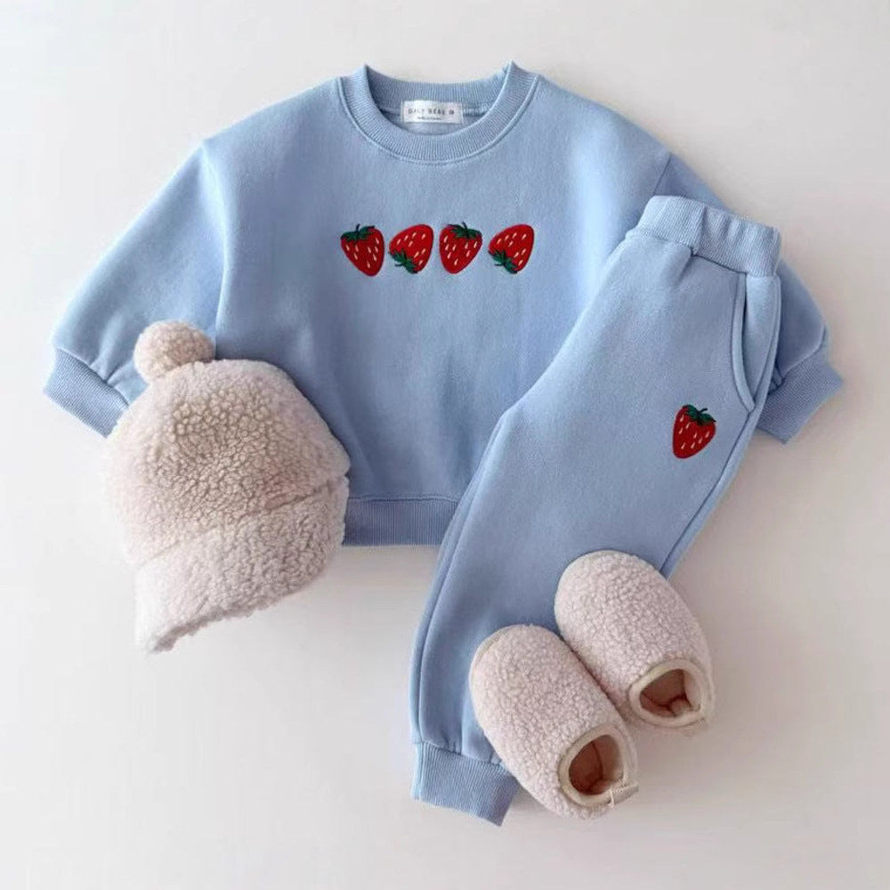 MyKids-USA® Baby Kids Unisex Casual Strawberry Embroidered Pattern Long Sleeves Top Pullover and Pants Clothing Set