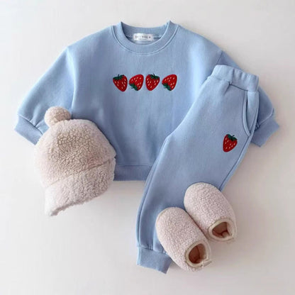 MyKids-USA® Baby Kids Unisex Casual Strawberry Embroidered Pattern Long Sleeves Top Pullover and Pants Clothing Set