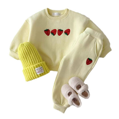 MyKids-USA® Baby Kids Unisex Casual Strawberry Embroidered Pattern Long Sleeves Top Pullover and Pants Clothing Set