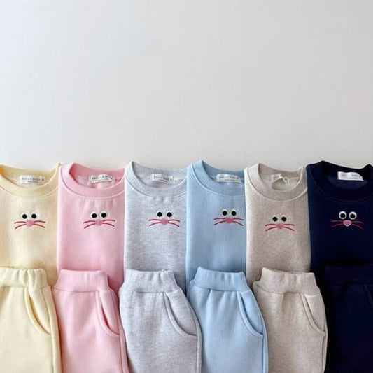 MyKids-USA® Baby Kids Unisex Casual Cartoon Face Embroidered Pattern Long Sleeves Top Pullover and Pants Clothing Set