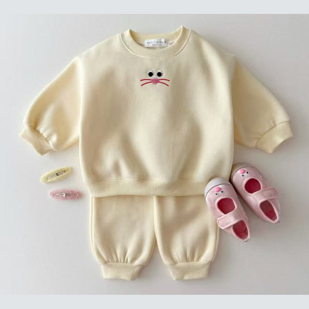 MyKids-USA® Baby Kids Unisex Casual Cartoon Face Embroidered Pattern Long Sleeves Top Pullover and Pants Clothing Set