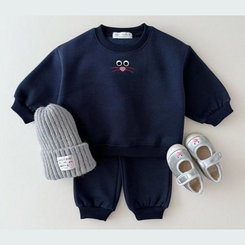 MyKids-USA® Baby Kids Unisex Casual Cartoon Face Embroidered Pattern Long Sleeves Top Pullover and Pants Clothing Set