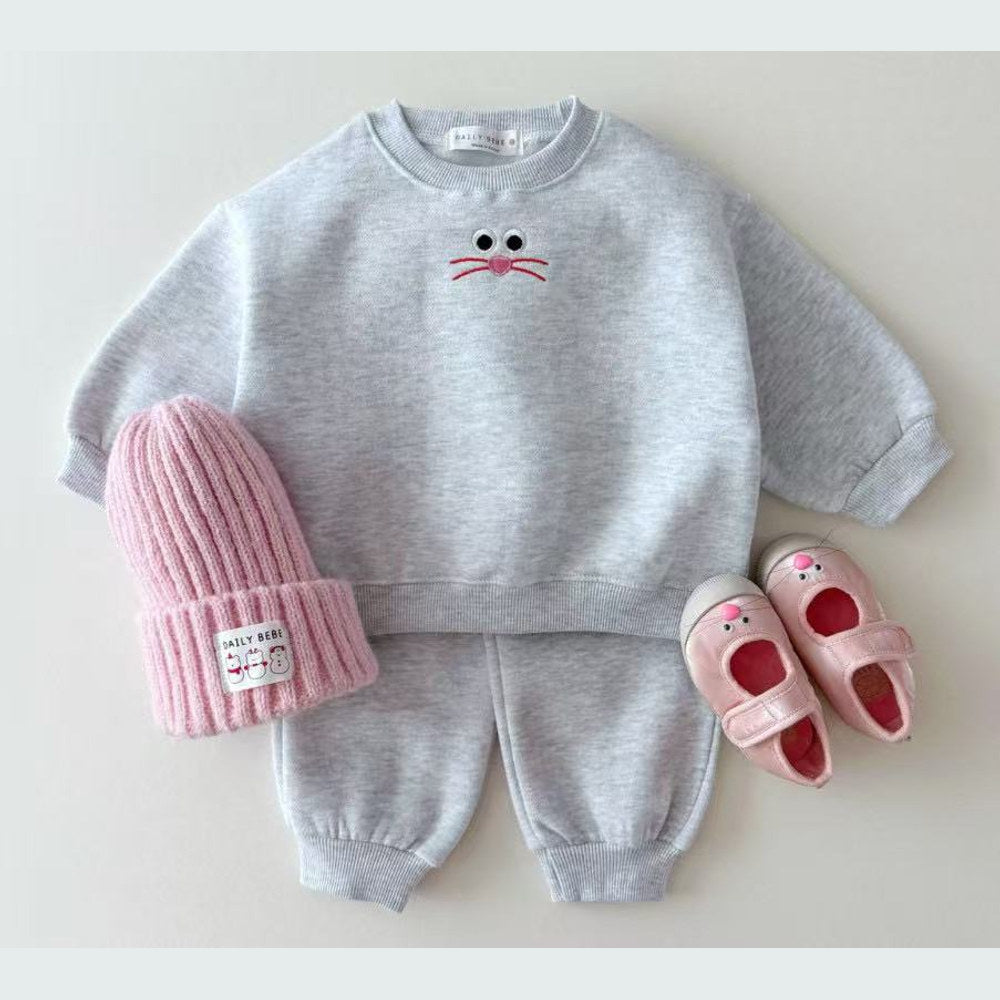 MyKids-USA® Baby Kids Unisex Casual Cartoon Face Embroidered Pattern Long Sleeves Top Pullover and Pants Clothing Set