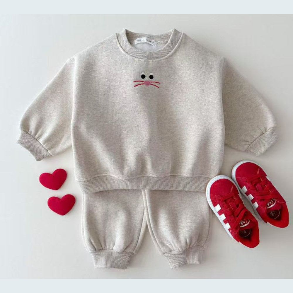 MyKids-USA® Baby Kids Unisex Casual Cartoon Face Embroidered Pattern Long Sleeves Top Pullover and Pants Clothing Set
