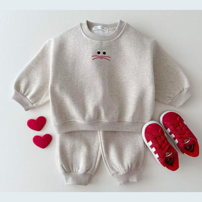 MyKids-USA® Baby Kids Unisex Casual Cartoon Face Embroidered Pattern Long Sleeves Top Pullover and Pants Clothing Set