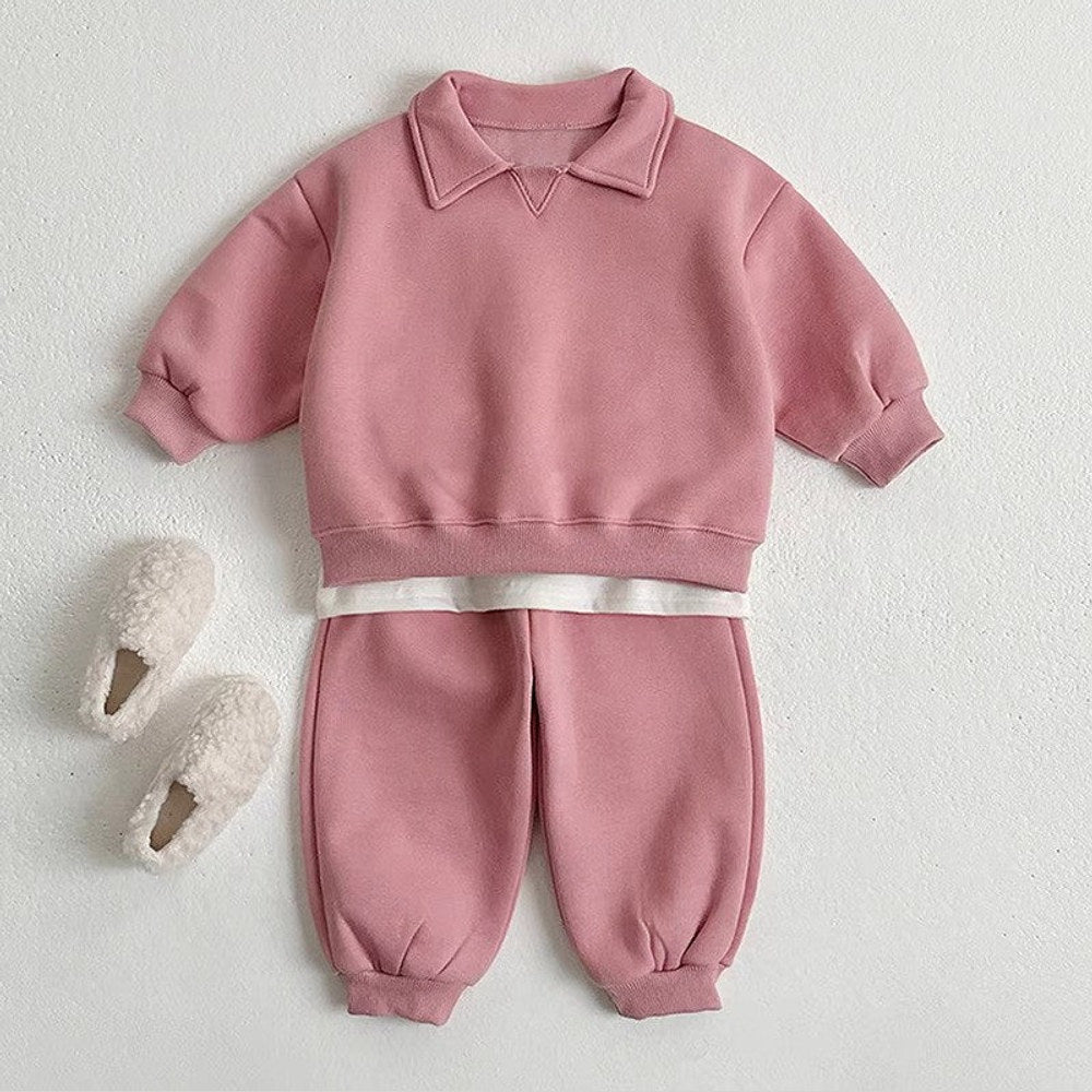 MyKids-USA® Autumn Baby Kids Unisex Casual Solid Color Long Sleeves Top Pullover with Turn-down Collar and Pants Clothing Set