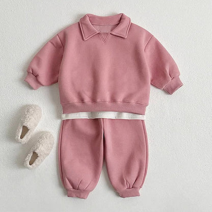 MyKids-USA® Autumn Baby Kids Unisex Casual Solid Color Long Sleeves Top Pullover with Turn-down Collar and Pants Clothing Set