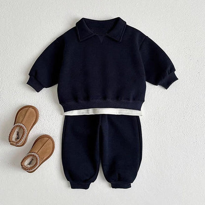 MyKids-USA® Autumn Baby Kids Unisex Casual Solid Color Long Sleeves Top Pullover with Turn-down Collar and Pants Clothing Set