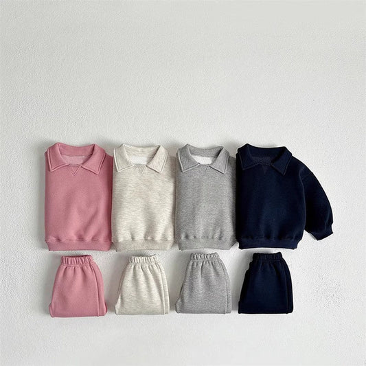 Autumn Baby Kids Unisex Casual Solid Color Long Sleeves Top Pullover with Turn-down Collar and Pants Clothing Set