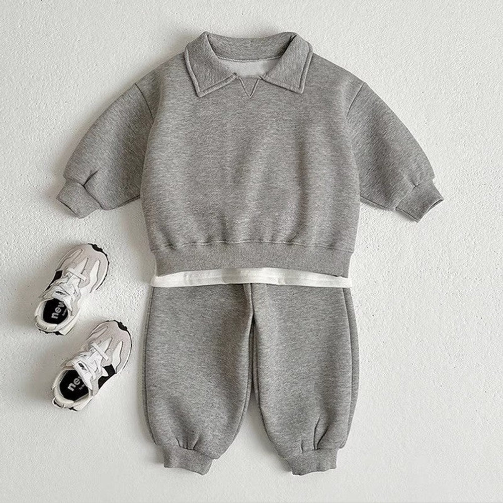 MyKids-USA® Autumn Baby Kids Unisex Casual Solid Color Long Sleeves Top Pullover with Turn-down Collar and Pants Clothing Set