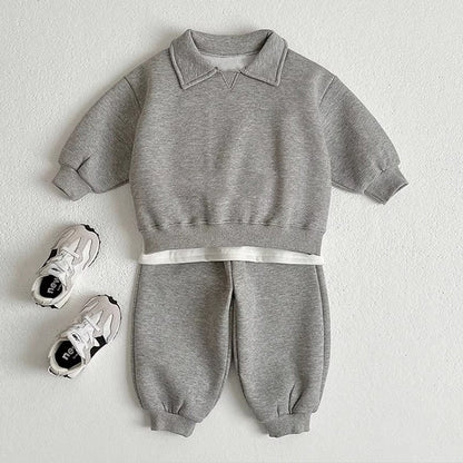 MyKids-USA® Autumn Baby Kids Unisex Casual Solid Color Long Sleeves Top Pullover with Turn-down Collar and Pants Clothing Set