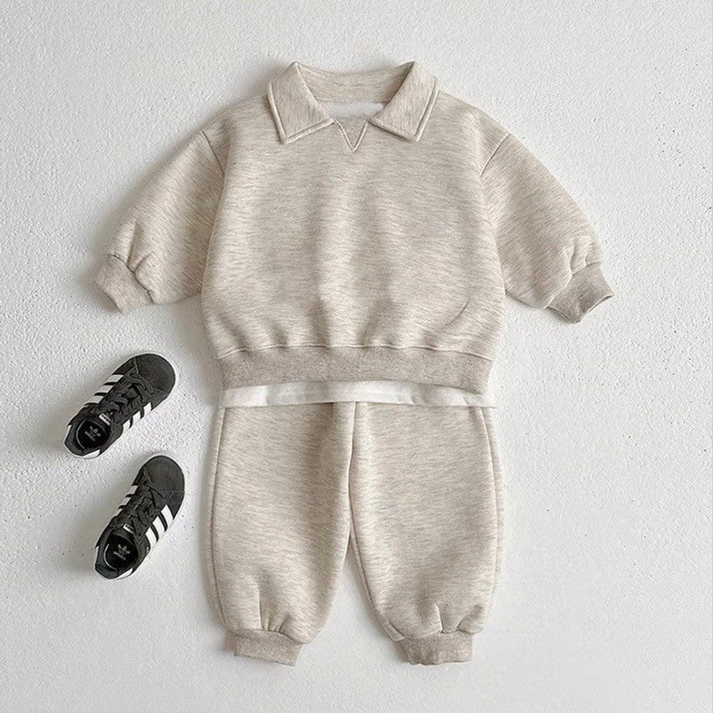 MyKids-USA® Autumn Baby Kids Unisex Casual Solid Color Long Sleeves Top Pullover with Turn-down Collar and Pants Clothing Set