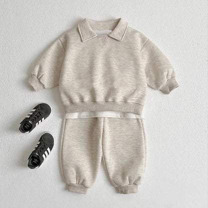 MyKids-USA® Autumn Baby Kids Unisex Casual Solid Color Long Sleeves Top Pullover with Turn-down Collar and Pants Clothing Set