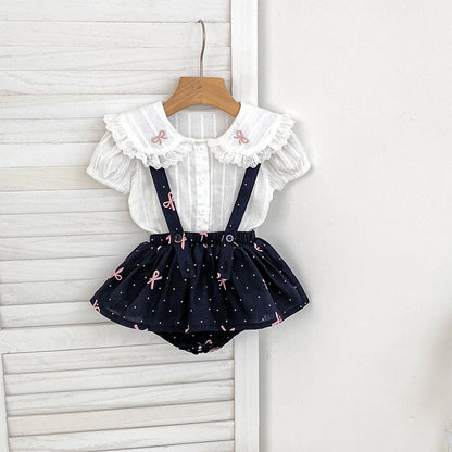 MyKids-USA® Baby Kids Girls Sleeveless Dots Pattern Strap bodysuit Overalls and Beige T-Shirt Clothing Set