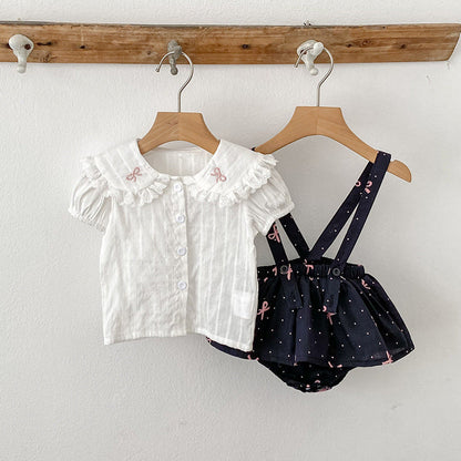 MyKids-USA® Baby Kids Girls Sleeveless Dots Pattern Strap bodysuit Overalls and Beige T-Shirt Clothing Set