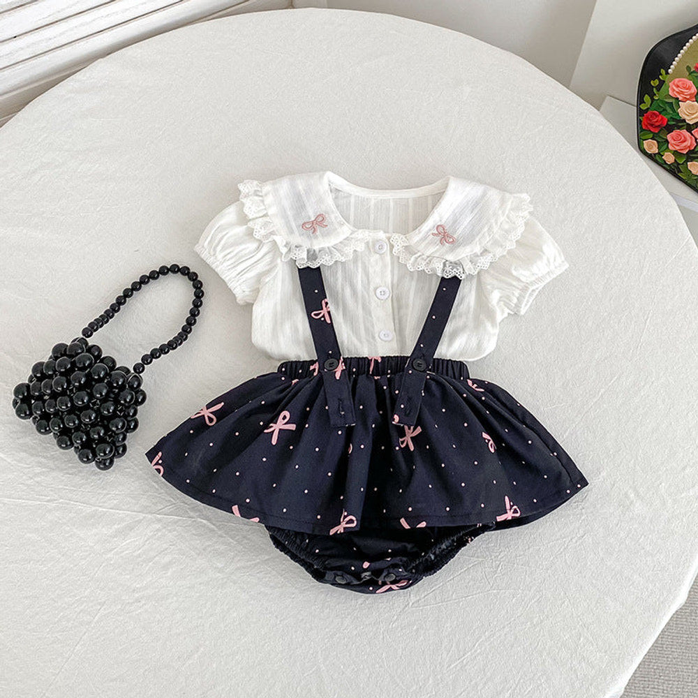 MyKids-USA® Baby Kids Girls Sleeveless Dots Pattern Strap bodysuit Overalls and Beige T-Shirt Clothing Set