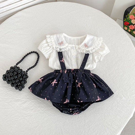 MyKids-USA® Baby Kids Girls Sleeveless Dots Pattern Strap bodysuit Overalls and Beige T-Shirt Clothing Set