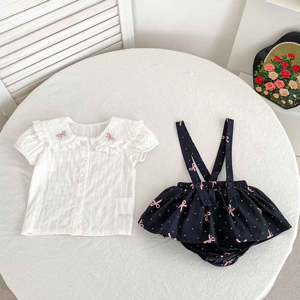 MyKids-USA® Baby Kids Girls Sleeveless Dots Pattern Strap bodysuit Overalls and Beige T-Shirt Clothing Set
