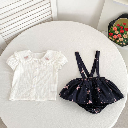 MyKids-USA® Baby Kids Girls Sleeveless Dots Pattern Strap bodysuit Overalls and Beige T-Shirt Clothing Set