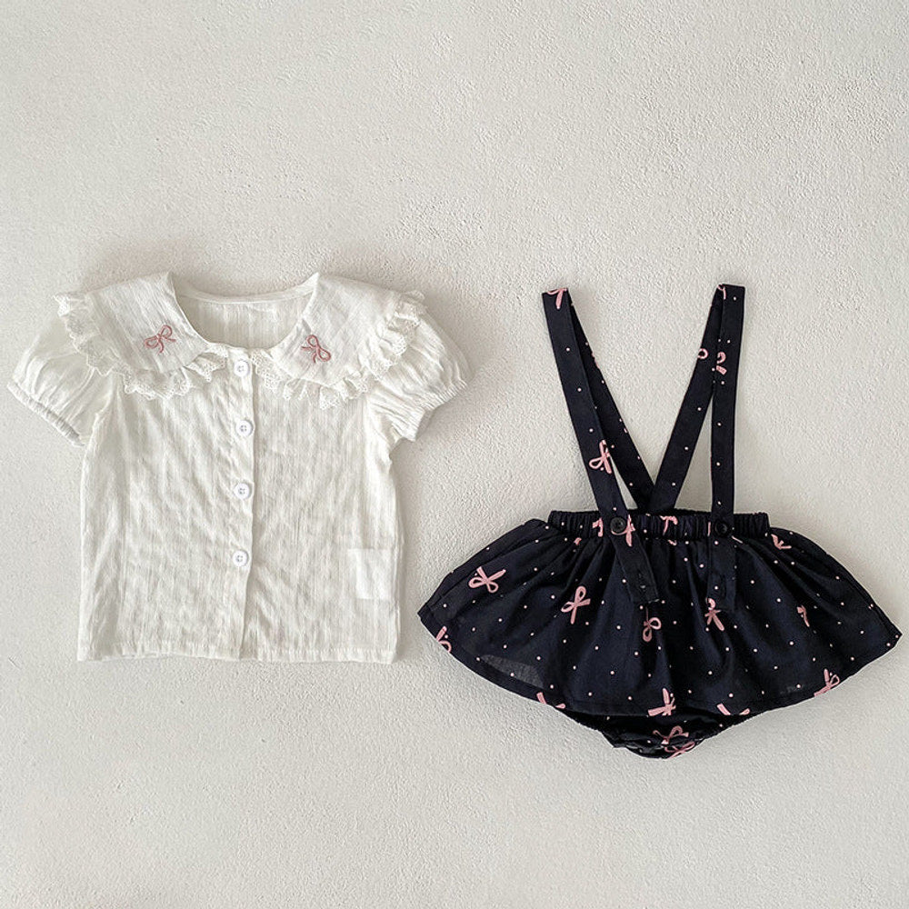 MyKids-USA® Baby Kids Girls Sleeveless Dots Pattern Strap bodysuit Overalls and Beige T-Shirt Clothing Set