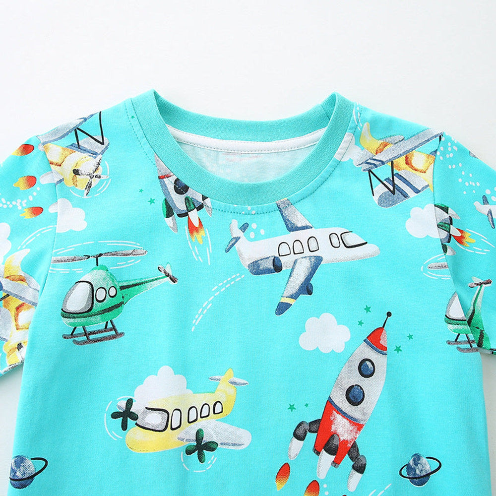 MyKids-USA® Boys’ Rockets and Plane Cartoon Pattern T-shirt in European and American Style