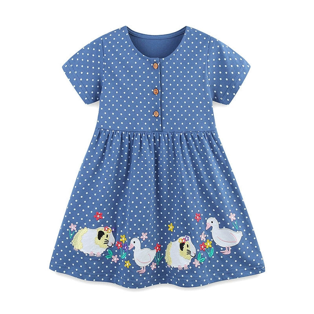 MyKids-USA® Pure Cotton Dots and Animals Pattern Short Sleeves Dress for Stylish Girls