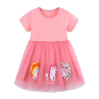 MyKids-USA® Cotton Animals Pattern Tulle Patchwork Short Sleeves Dress for Stylish Girls