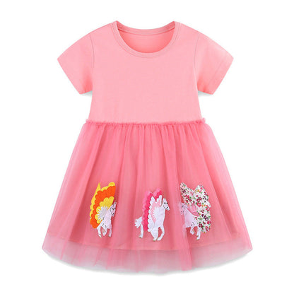 MyKids-USA® Cotton Animals Pattern Tulle Patchwork Short Sleeves Dress for Stylish Girls