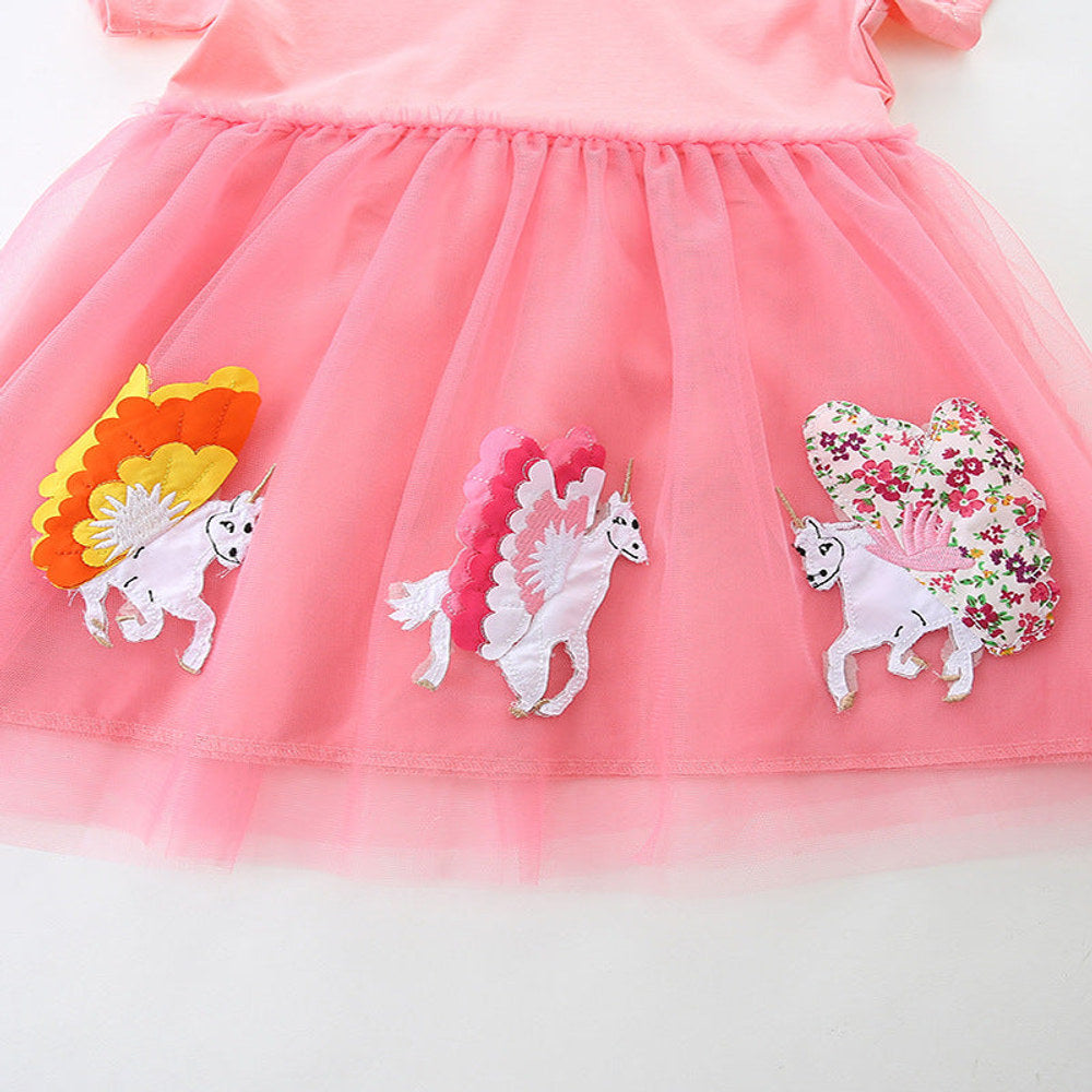 MyKids-USA® Cotton Animals Pattern Tulle Patchwork Short Sleeves Dress for Stylish Girls