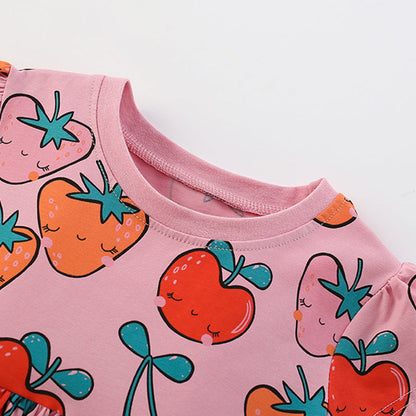 MyKids-USA® Fruits Strawberry Cartoon Pattern Short Sleeves Dress for Stylish Girls