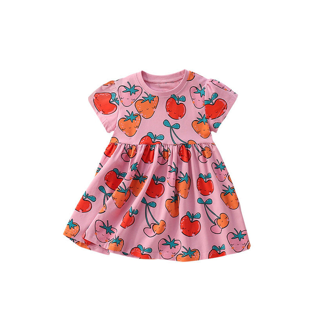 MyKids-USA® Fruits Strawberry Cartoon Pattern Short Sleeves Dress for Stylish Girls