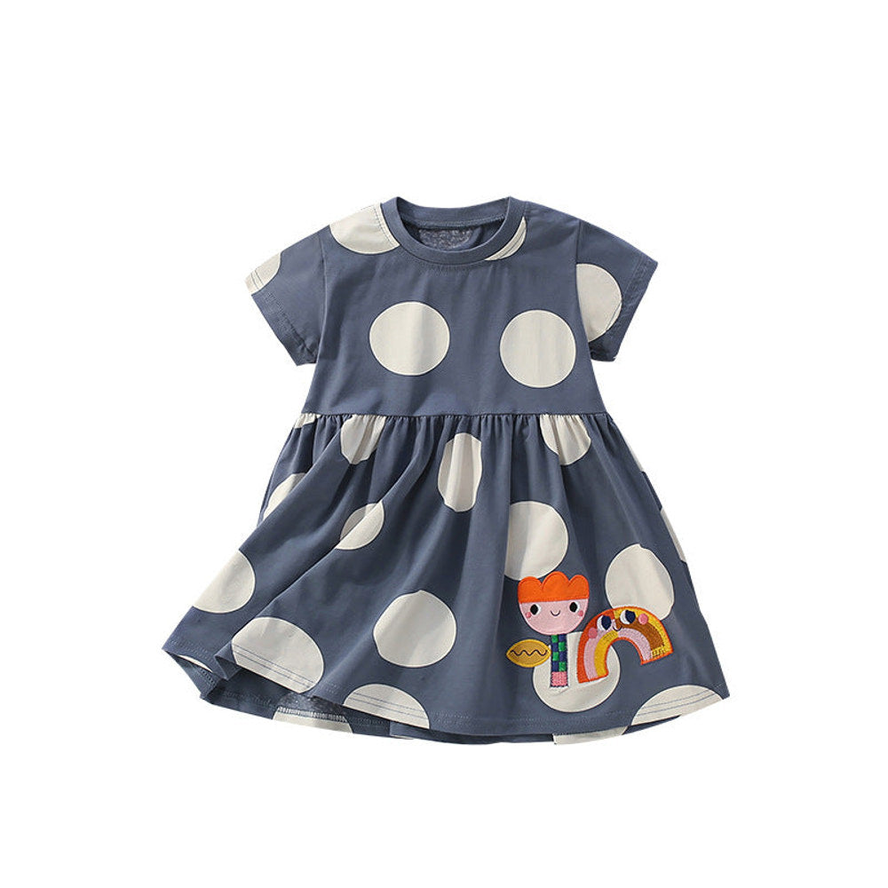 MyKids-USA® Flowers Cartoon and Polka Dots Pattern Short Sleeves Dress for Stylish Girls