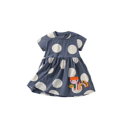MyKids-USA® Flowers Cartoon and Polka Dots Pattern Short Sleeves Dress for Stylish Girls