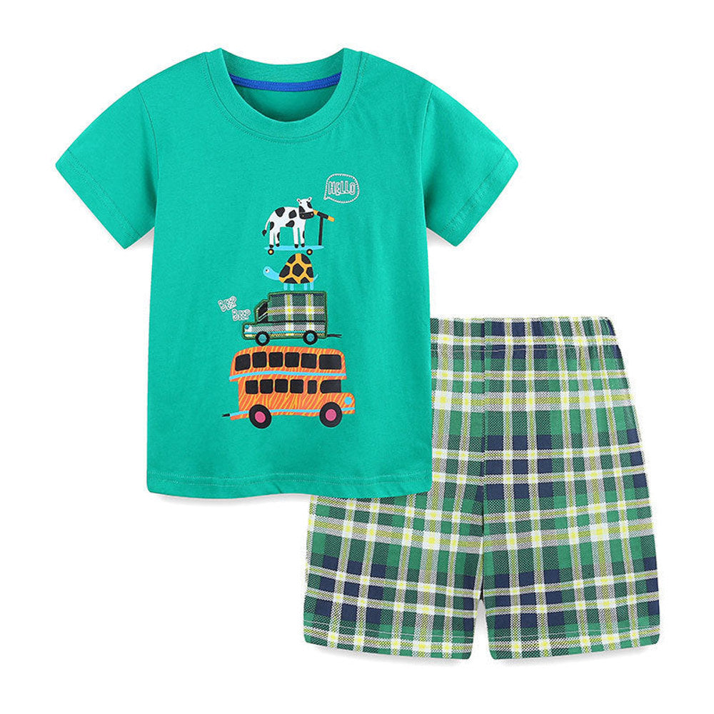 MyKids-USA® Baby Kids Cartoon Pattern T-shirt and Plaid Shorts Clothing Set for Boys