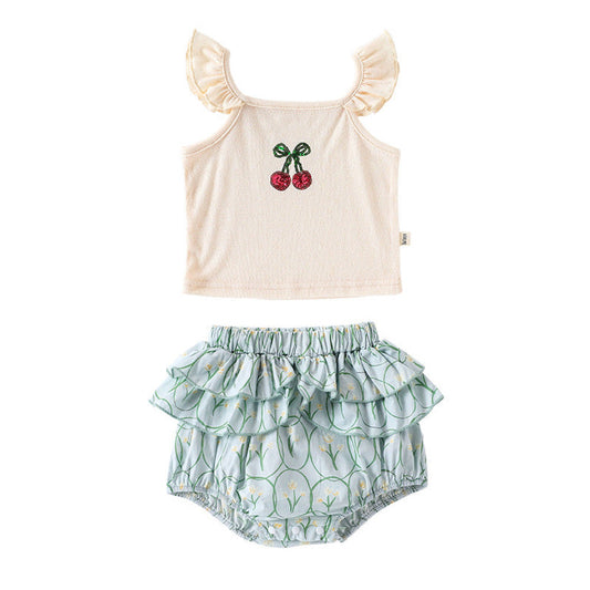 MyKids-USA® Baby Girls Sleeveless Beaded Cherry Pattern Top Vest and Bloomers Clothing Sets
