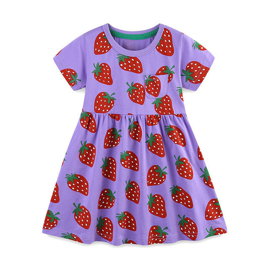 MyKids-USA® Summer Pure Cotton Fruits Strawberry Pattern Short Sleeves Dress for Stylish Girls