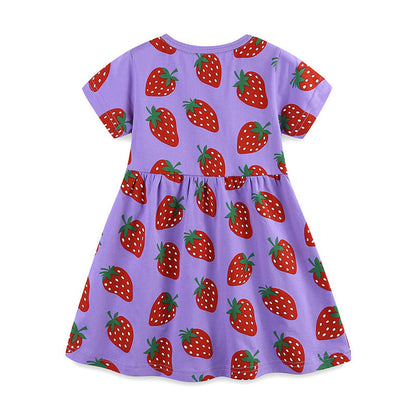 MyKids-USA® Summer Pure Cotton Fruits Strawberry Pattern Short Sleeves Dress for Stylish Girls