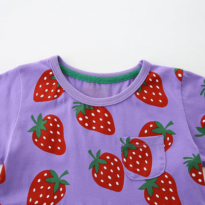 MyKids-USA® Summer Pure Cotton Fruits Strawberry Pattern Short Sleeves Dress for Stylish Girls